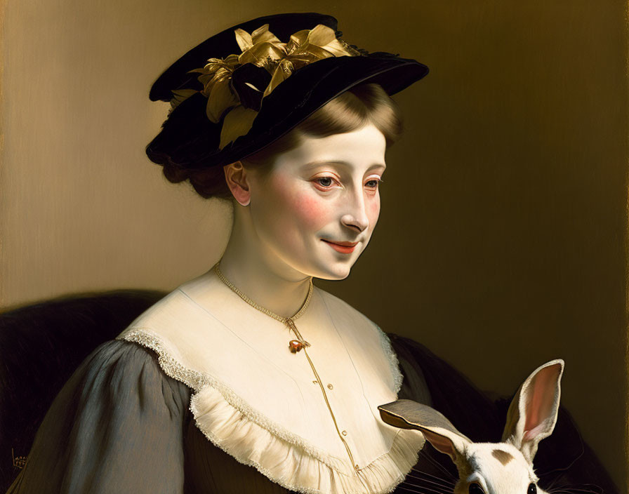 Realistic painting of woman in vintage dress with gold flower hat and white dog with black patches.