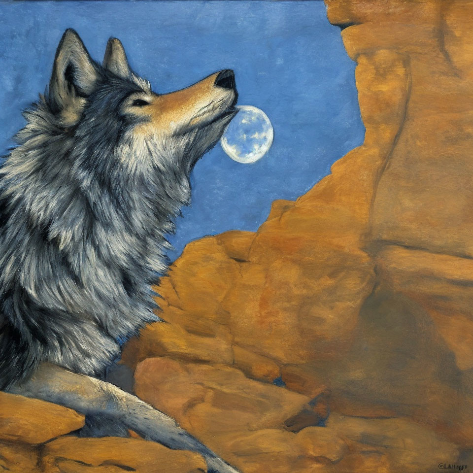 Wolf howling at full moon on rocky outcrop