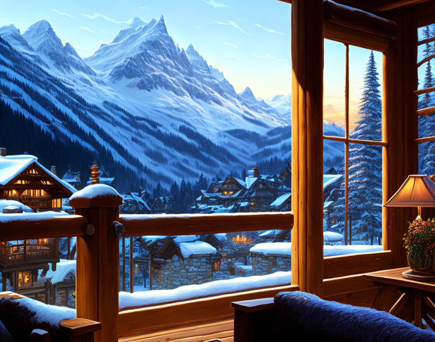 Snowy village, Alpine homes, and mountain peak at dusk viewed from cabin window