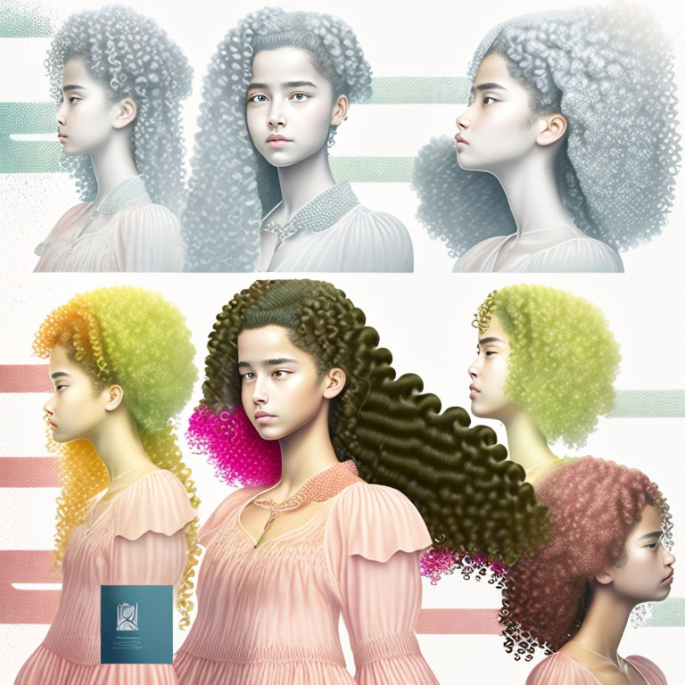 Various hair colors and styles on girl in profile and front views with pastel background.