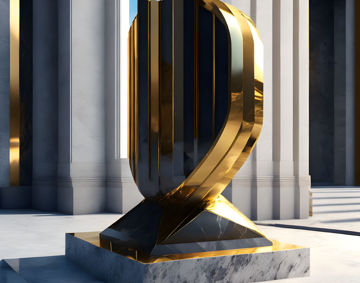 Reflective golden trophy with abstract design against classical columns under natural light