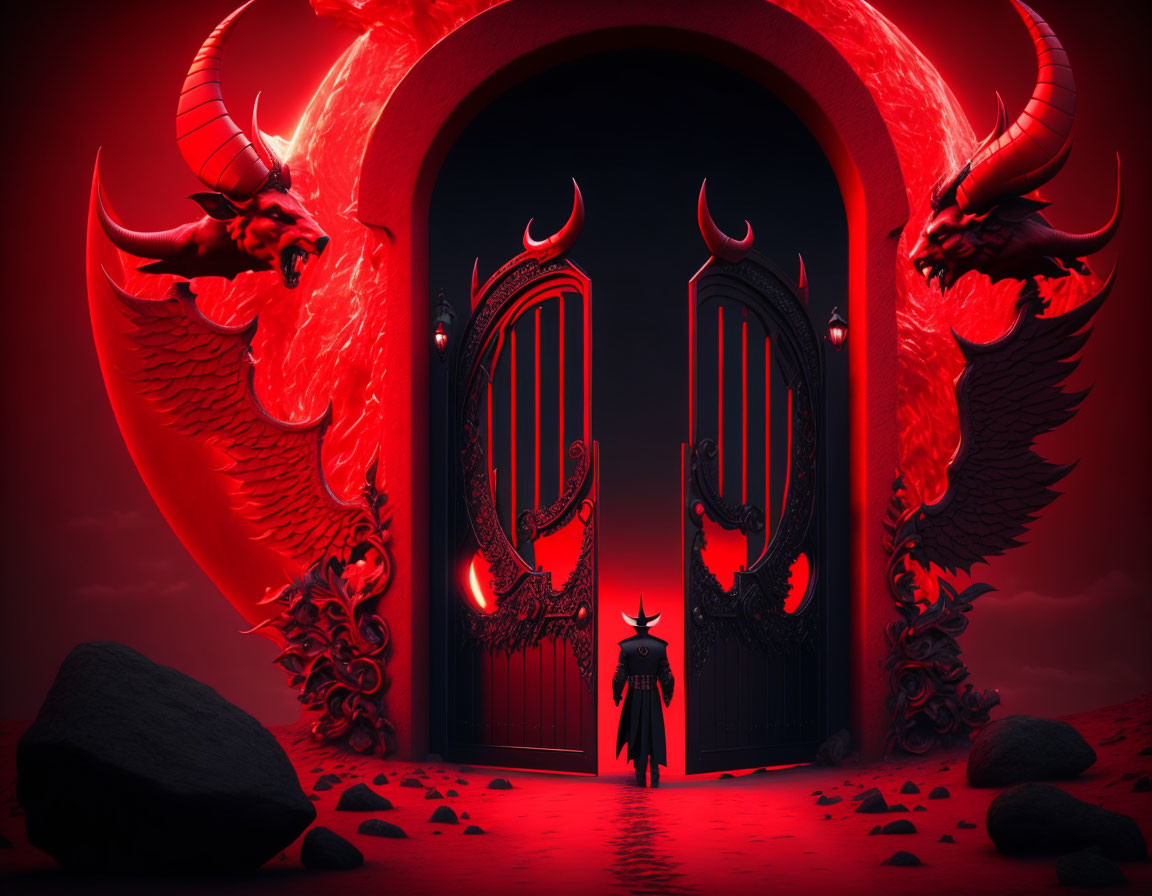 Person in cape standing before ornate red doors with dragon sculptures under crimson sky