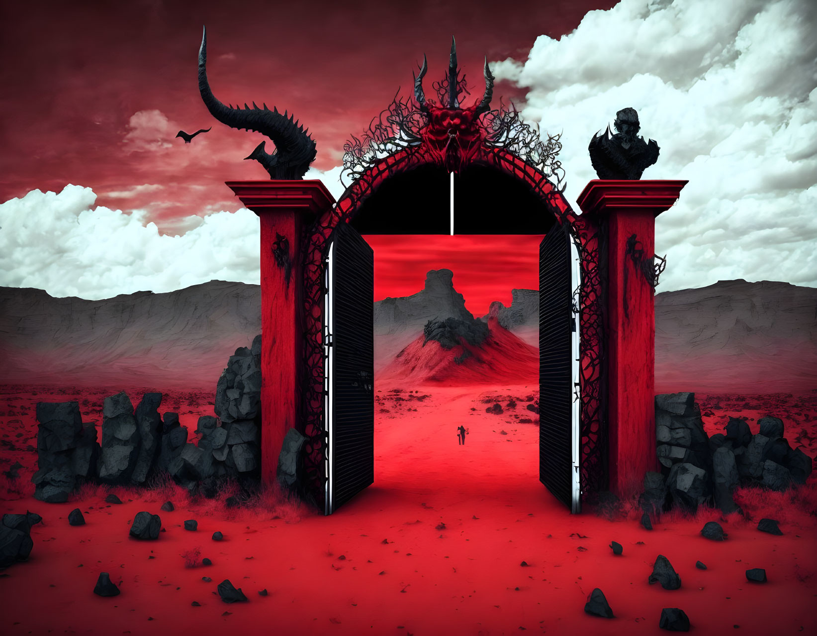 Vivid red surreal landscape with gothic gate, distant mountain, foreboding sky, and solitary