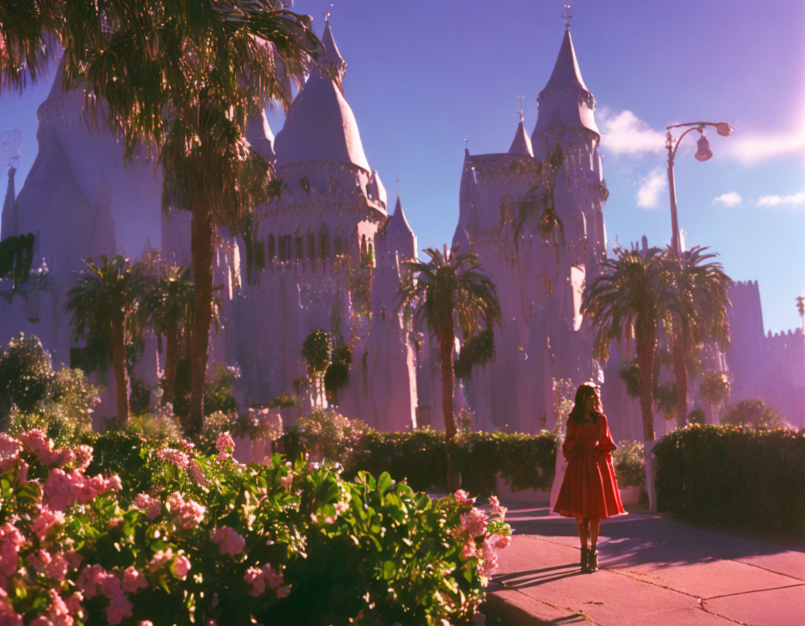 Person in Red Dress Walking to Fairy Tale Castle Amid Vibrant Flowers