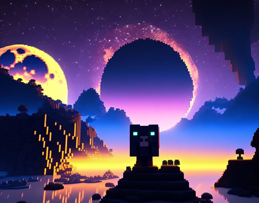 Pixelated cat in Minecraft-style landscape with crescent moon and twilight sky