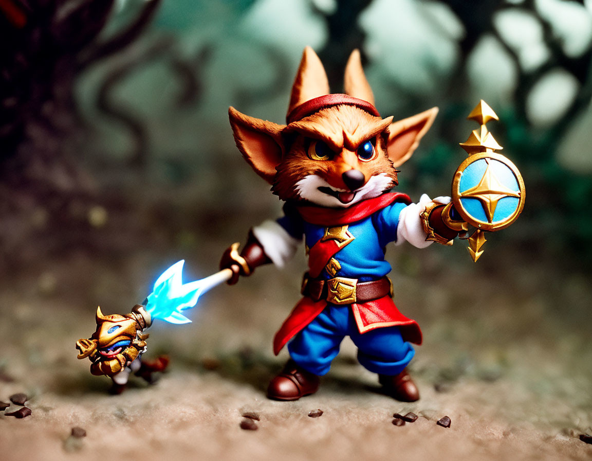 Anthropomorphic fox in red and blue outfit with magic wand and blue glow, accompanied by smaller figure