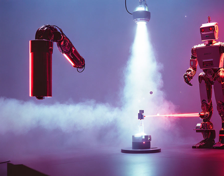 Futuristic robots with laser in foggy setting