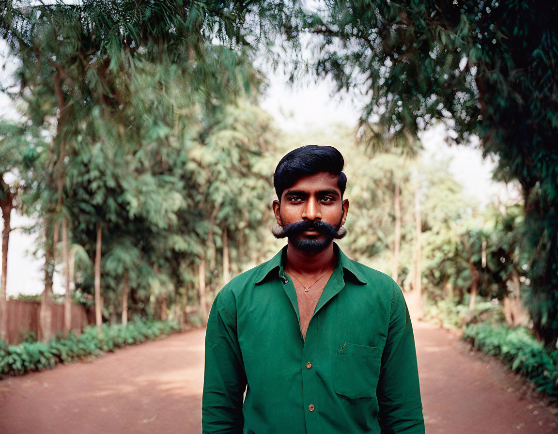 Man with thick mustache in green shirt on tree-lined path