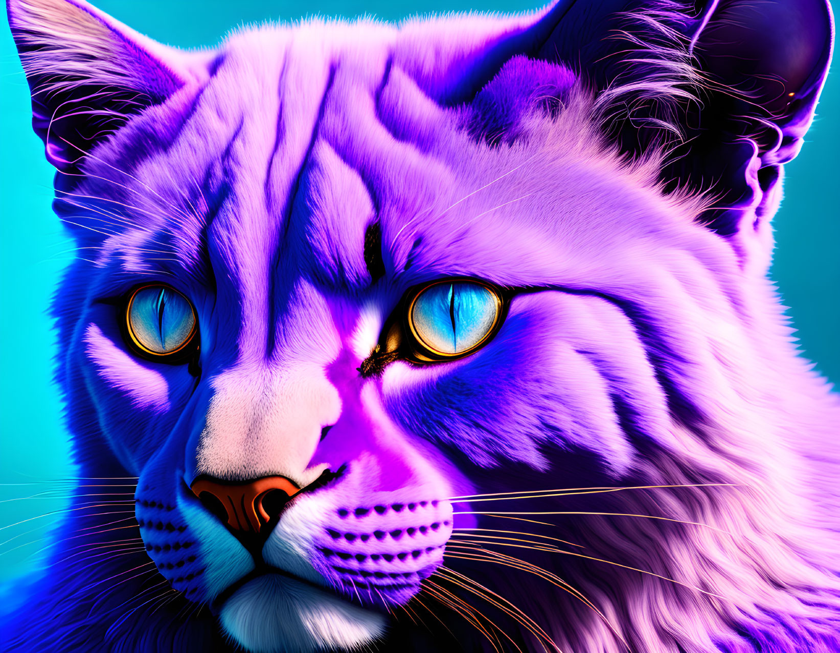 Colorful Digital Artwork: Cat with Blue and Purple Fur on Turquoise Background