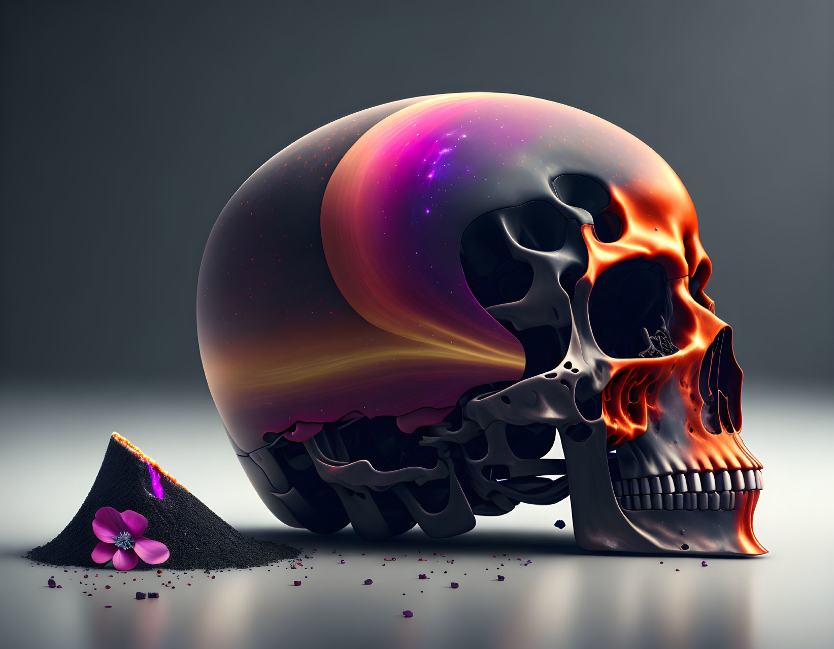 Surreal skull illustration with cosmic scene, fiery jaw, volcano, and flower