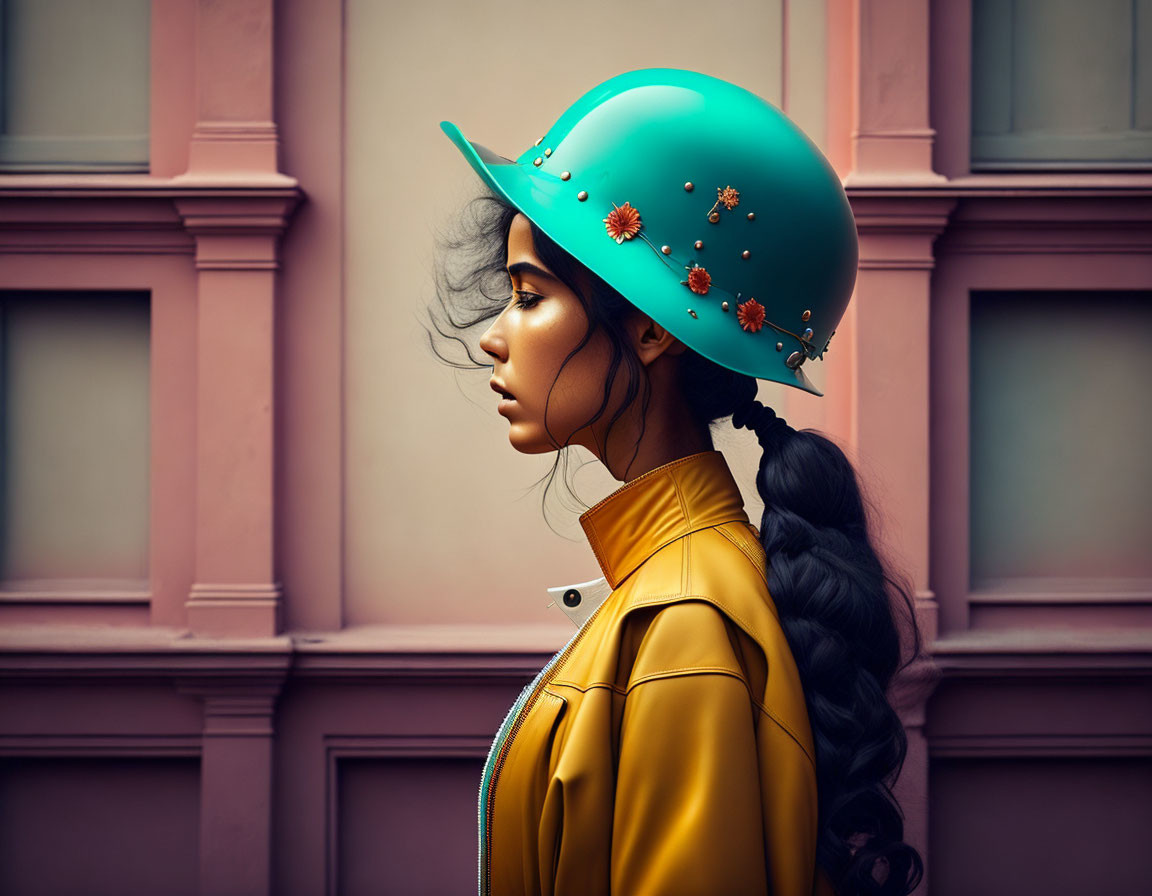 Profile of Woman in Blue Helmet and Yellow Jacket with Braid against Pink Building