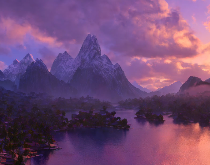 Serene Dusk Landscape: Purple Skies, Snowy Peaks, Lake with Forested Islets