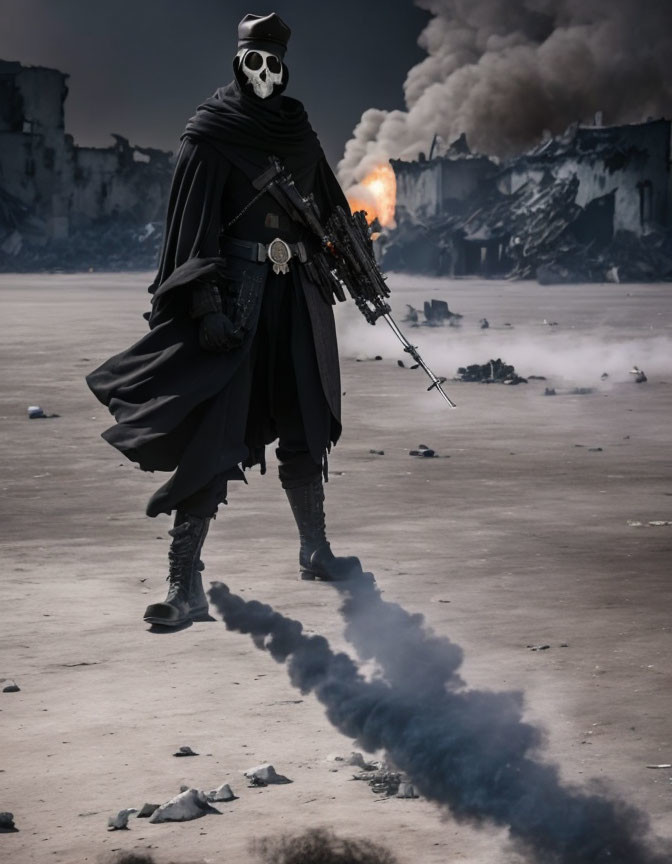 Person in skull mask with rifle in desolate setting and billowing smoke