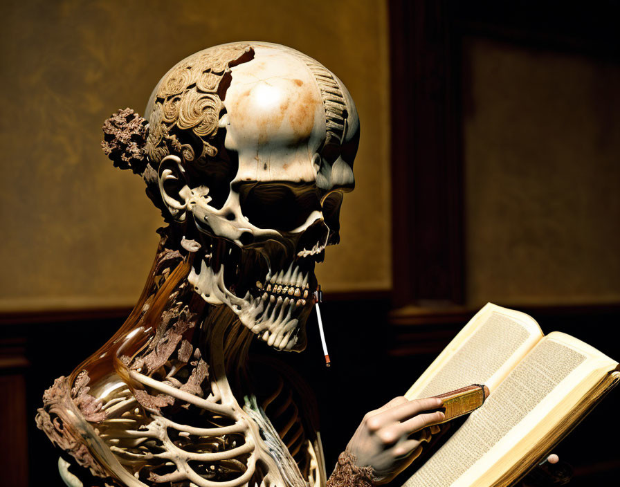 Intricate anatomical sculpture: skeletal figure reading book with pencil