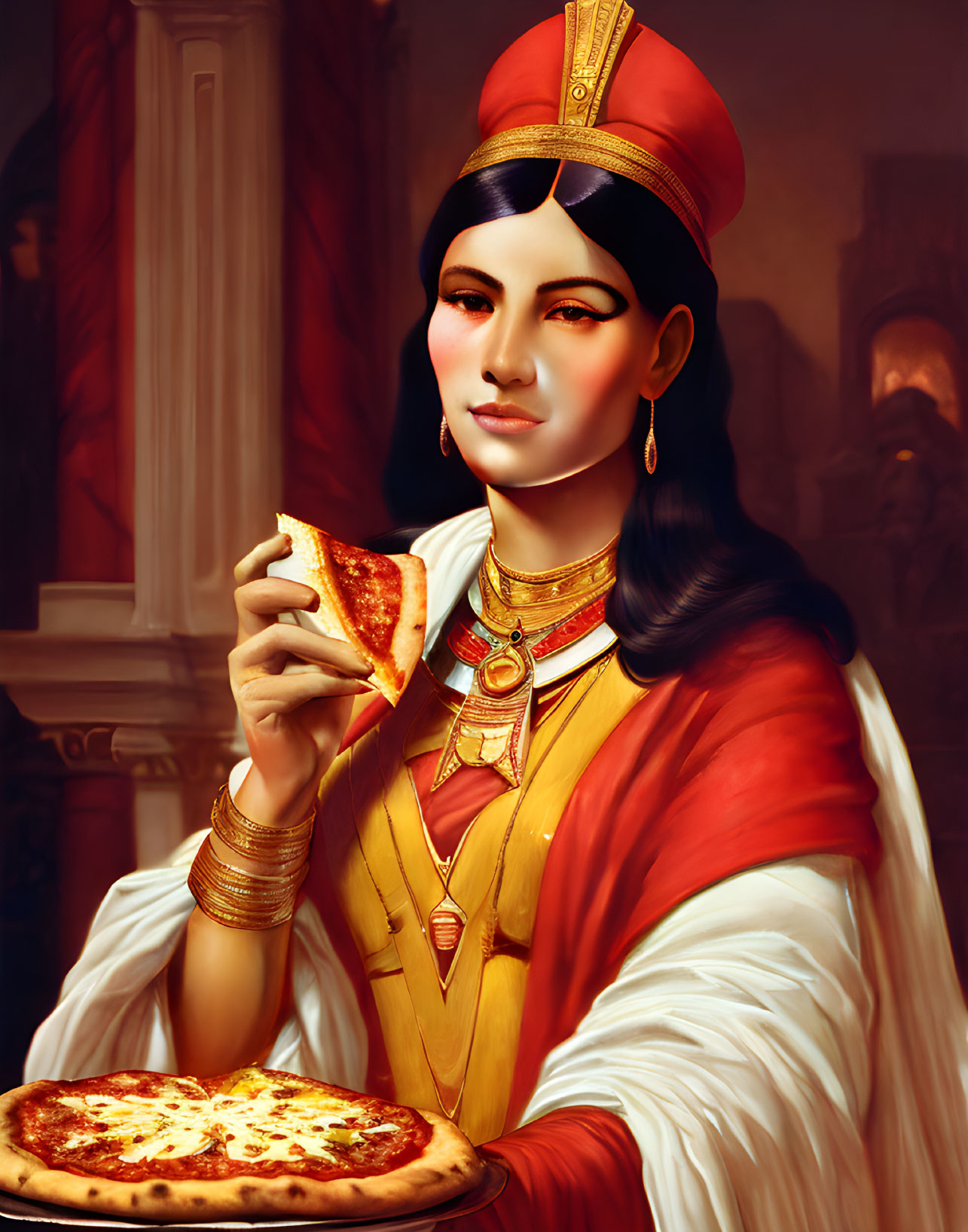 Stylized portrait of woman in historical attire with pizza slices