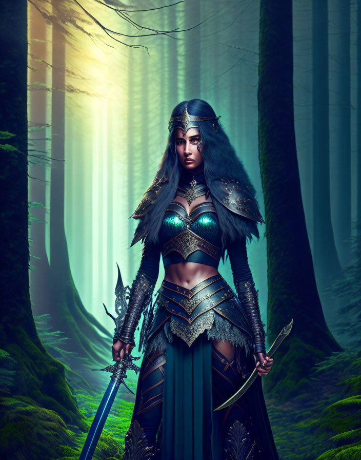 Female warrior in ornate armor in mystical forest with sunlight, holding helmet and weapon