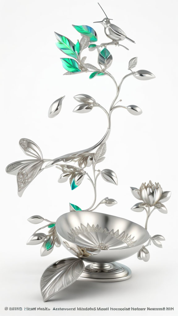 Silver centerpiece with floral and avian design and bowl base.