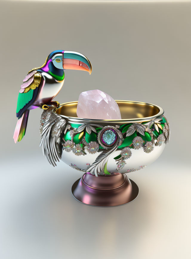 Colorful jeweled toucan perched on gem-encrusted golden bowl with rose quartz crystal