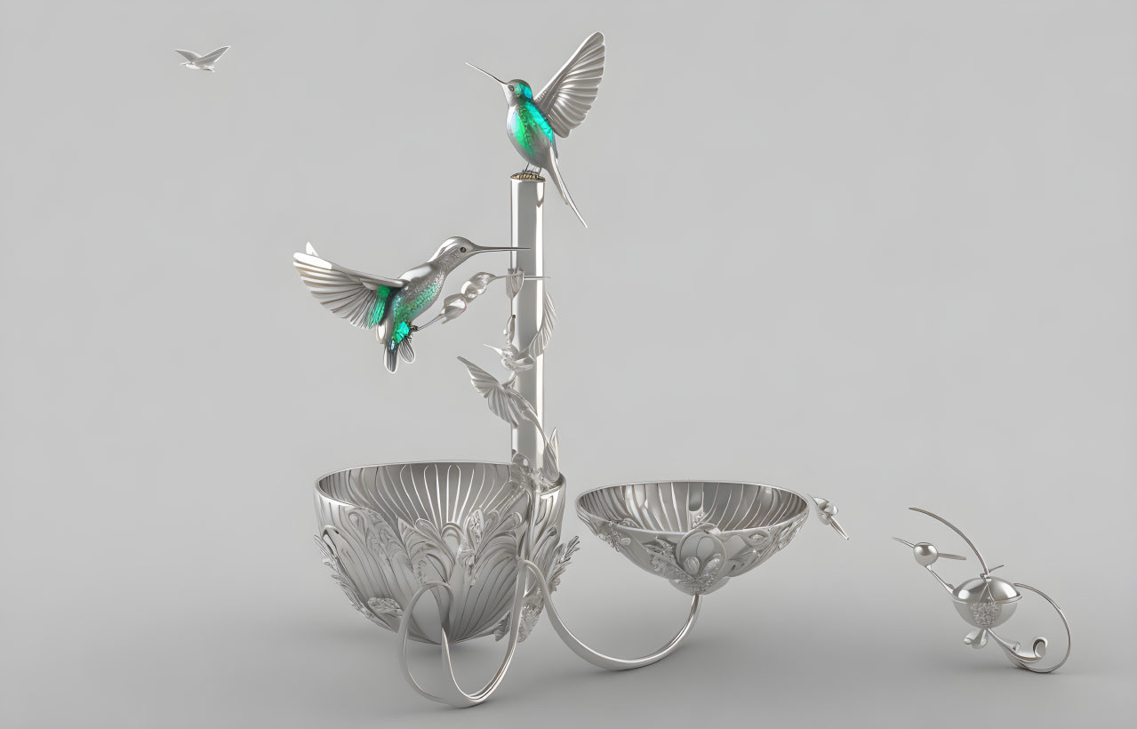 Metallic hummingbirds, silver balance scale, butterfly, and bird on gray background