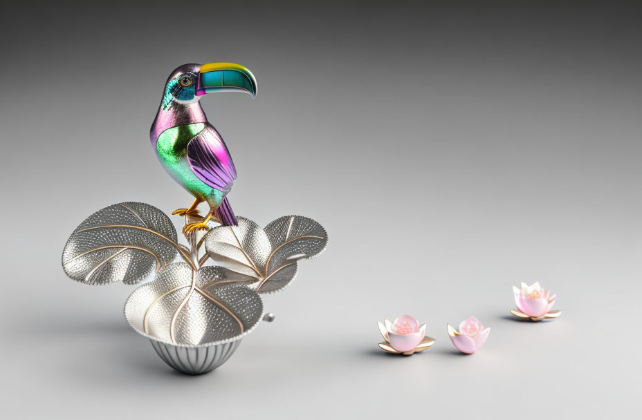 Colorful Metallic Toucan Sculpture on Silver Floral Structure with Pink Lotus Flowers