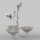 Metallic hummingbirds, silver balance scale, butterfly, and bird on gray background