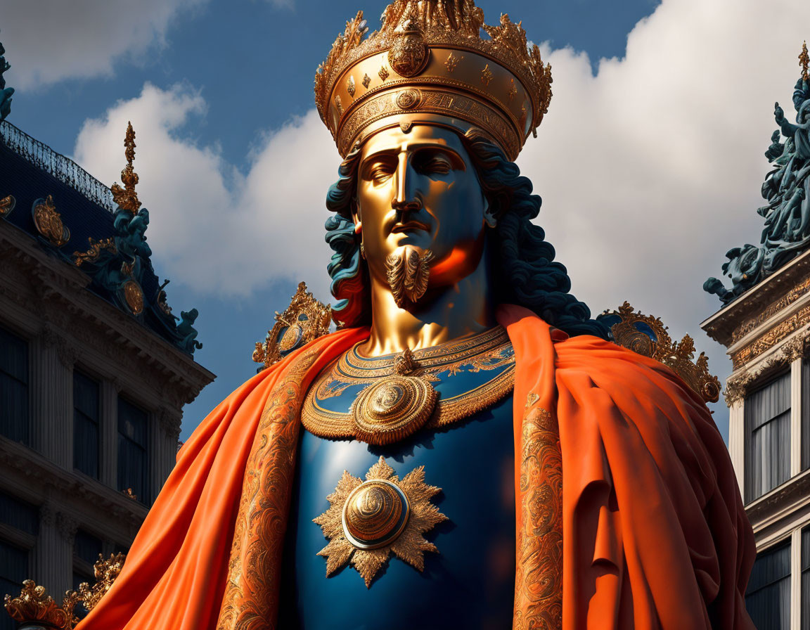 Colorful statue of regal figure with golden crown and blue robe against ornate building and sky.