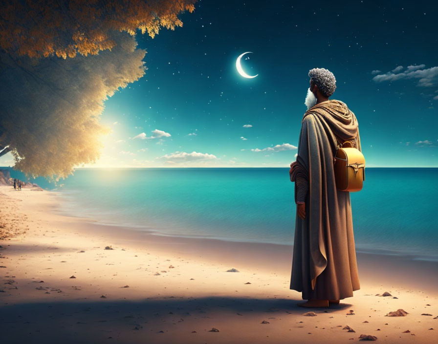 Cloaked figure on beach at twilight with crescent moon, autumn leaves, and serene sea