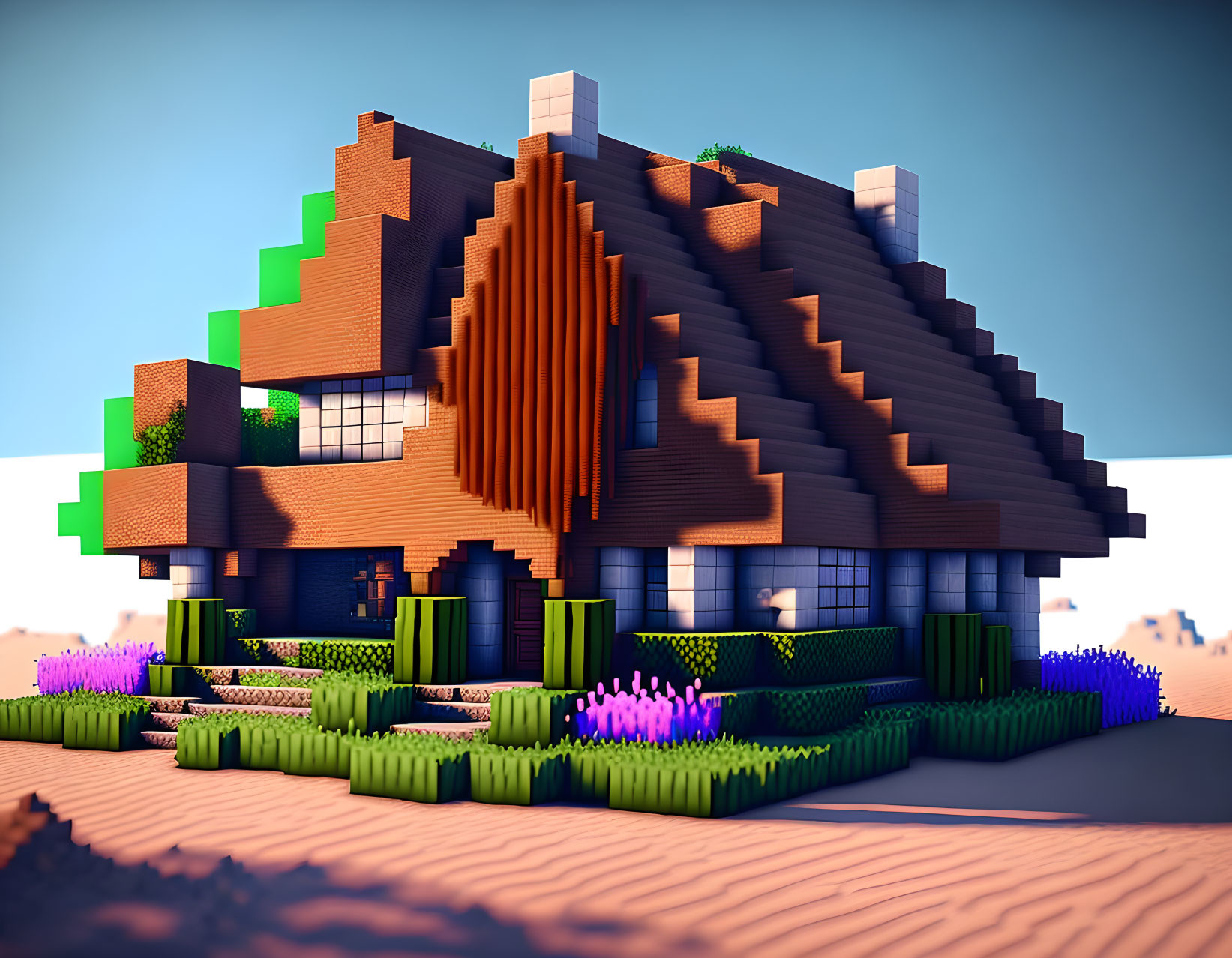 Modern 3D-rendered house with terracotta exterior and green accents surrounded by colorful flowers.