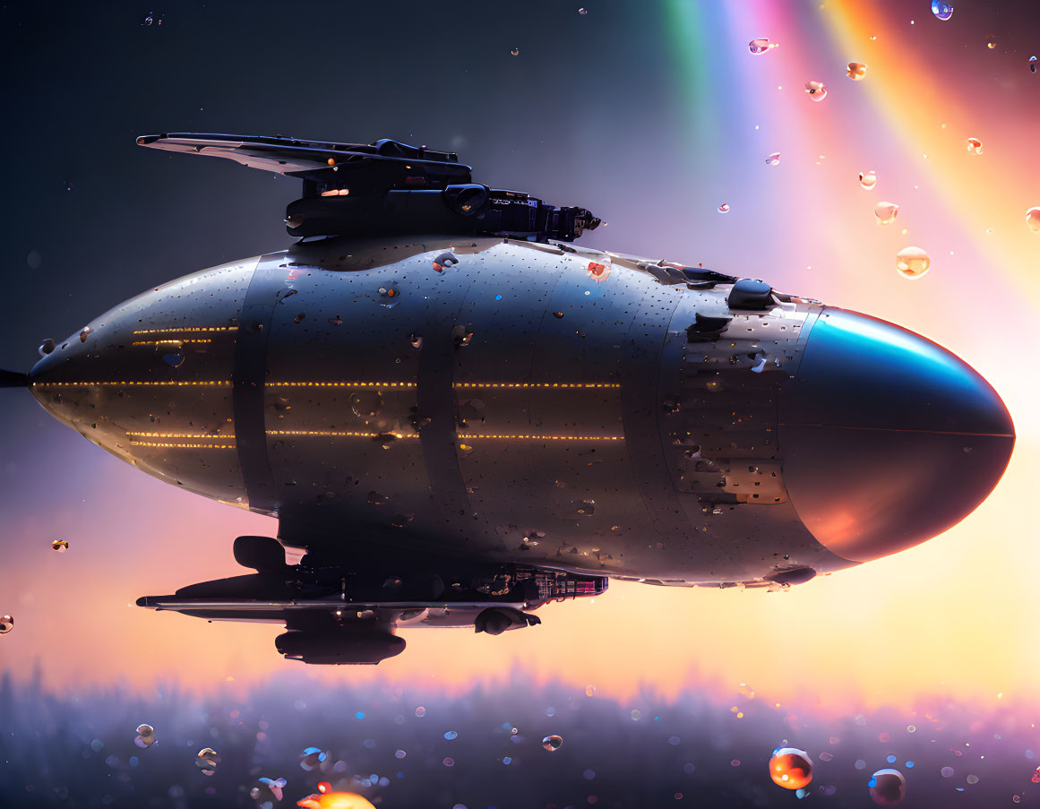 Futuristic airship in twilight sky with auroras and bubbles