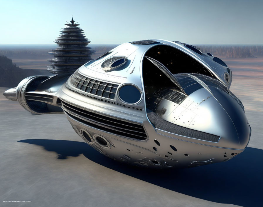 Sleek futuristic spaceship on barren landscape with tiered tower