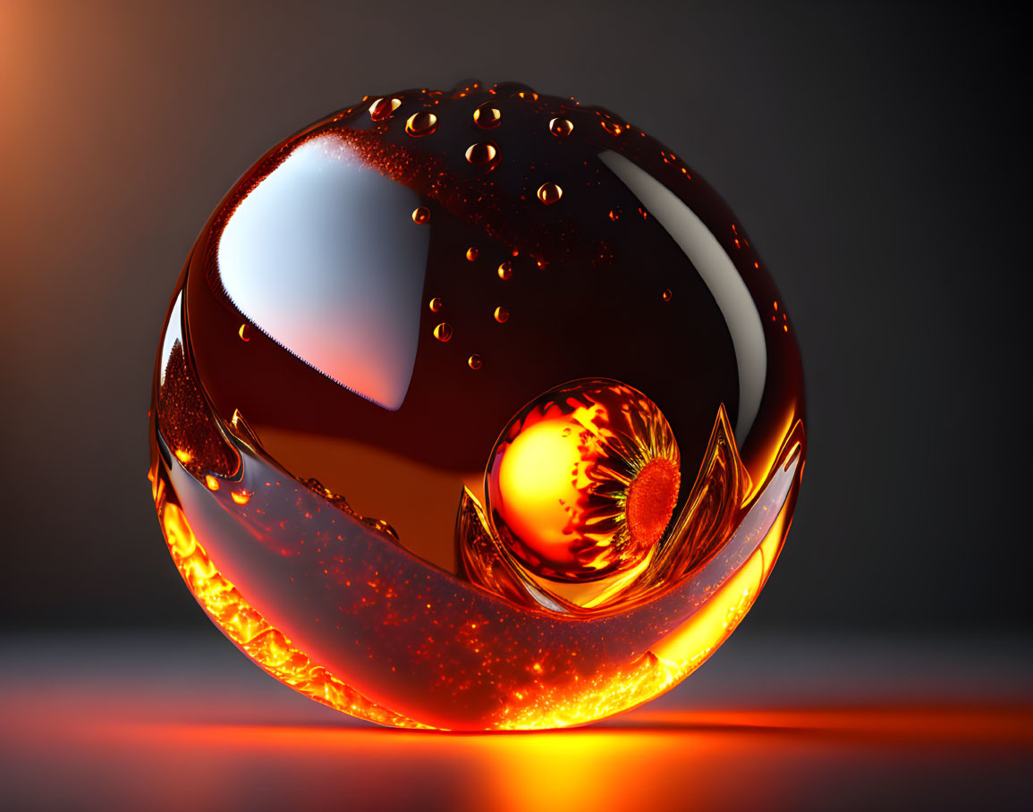 Shiny 3D sphere with fiery orange textures and water droplets on dark background