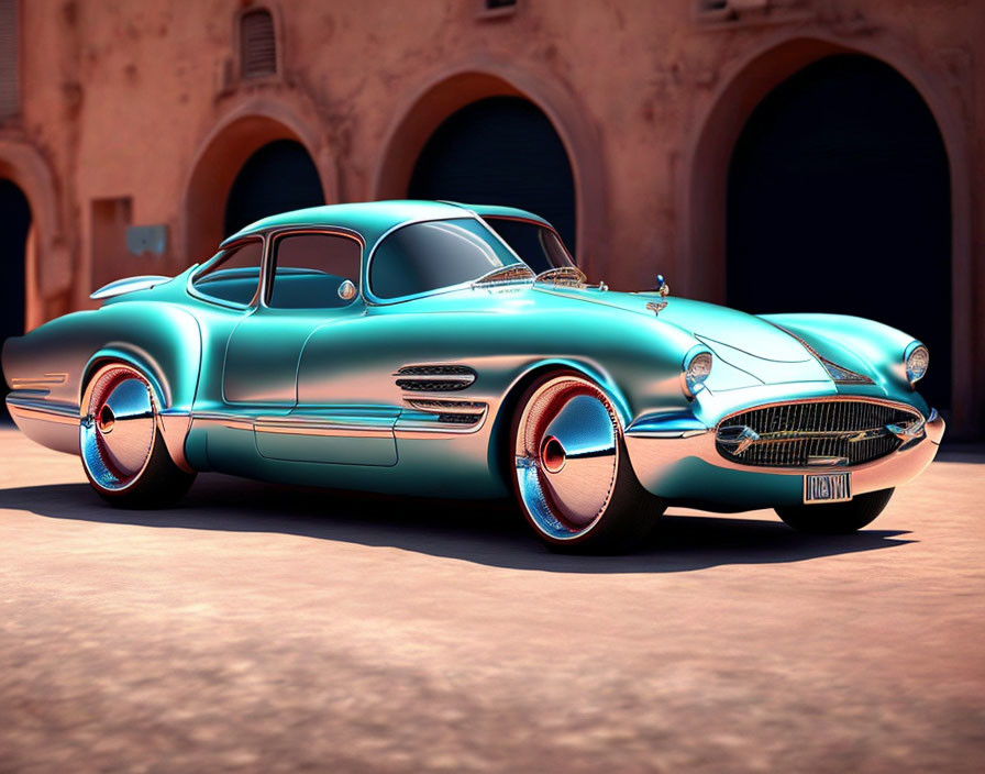 Shiny turquoise classic car parked in front of building with arched doorways