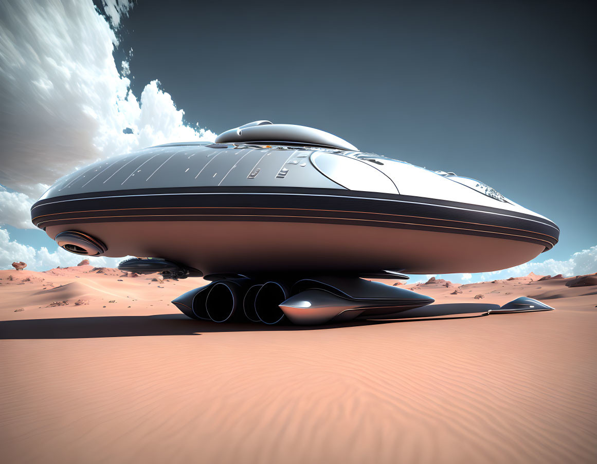 Futuristic spaceship on desert landscape under blue sky