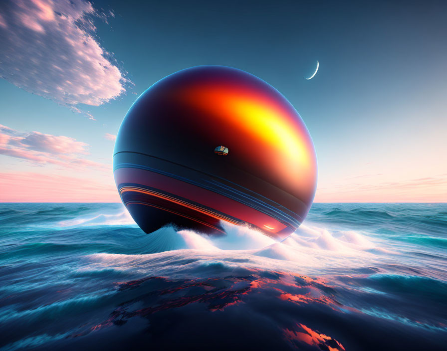 Surreal image of large reflective sphere over turbulent ocean at sunset