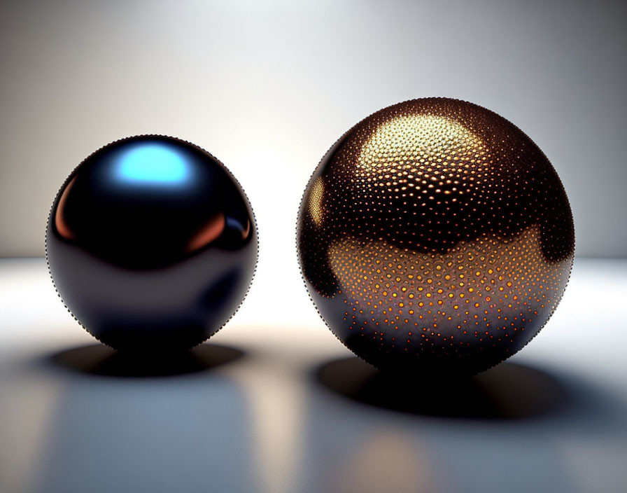 Reflective spheres on gradient background: small dark sphere and larger dotted sphere.