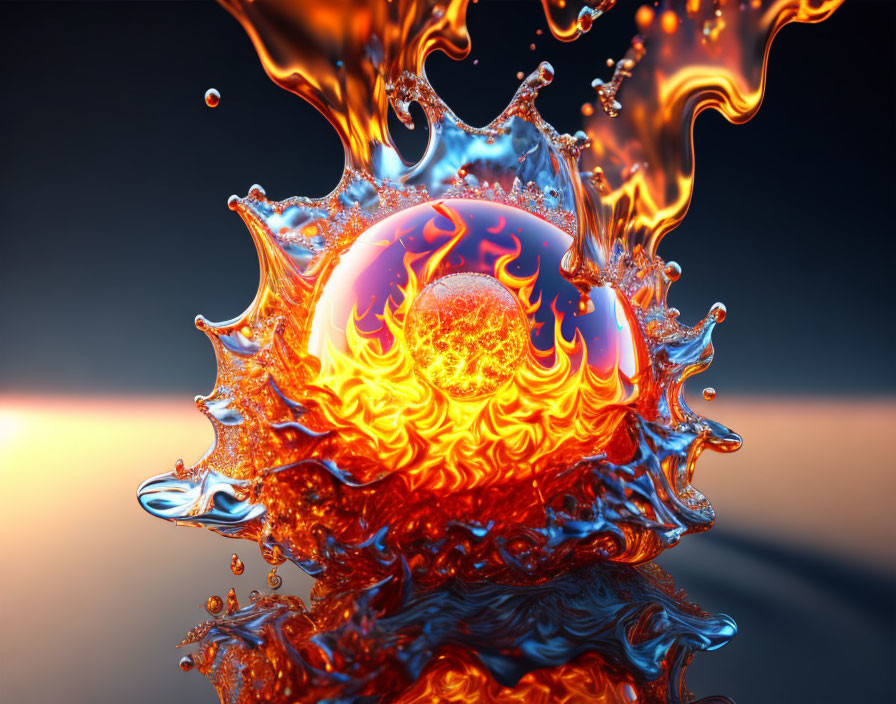 Vibrant 3D rendering of orange and blue liquid splash with droplets