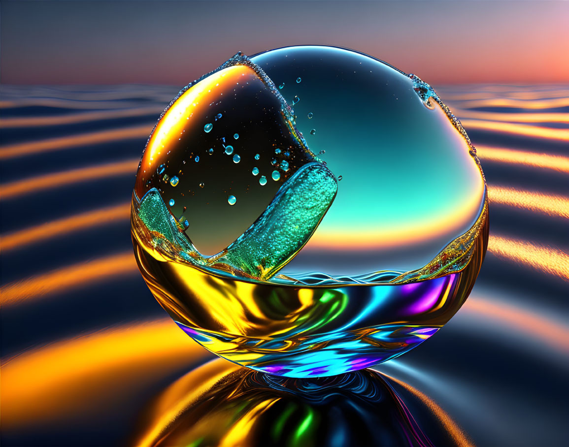 Colorful Glass Sphere with Liquid Splash on Reflective Surface