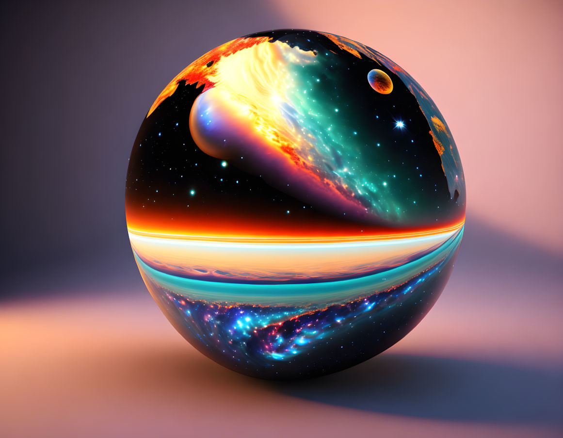 Surreal cosmic scene with glossy sphere and fiery skies