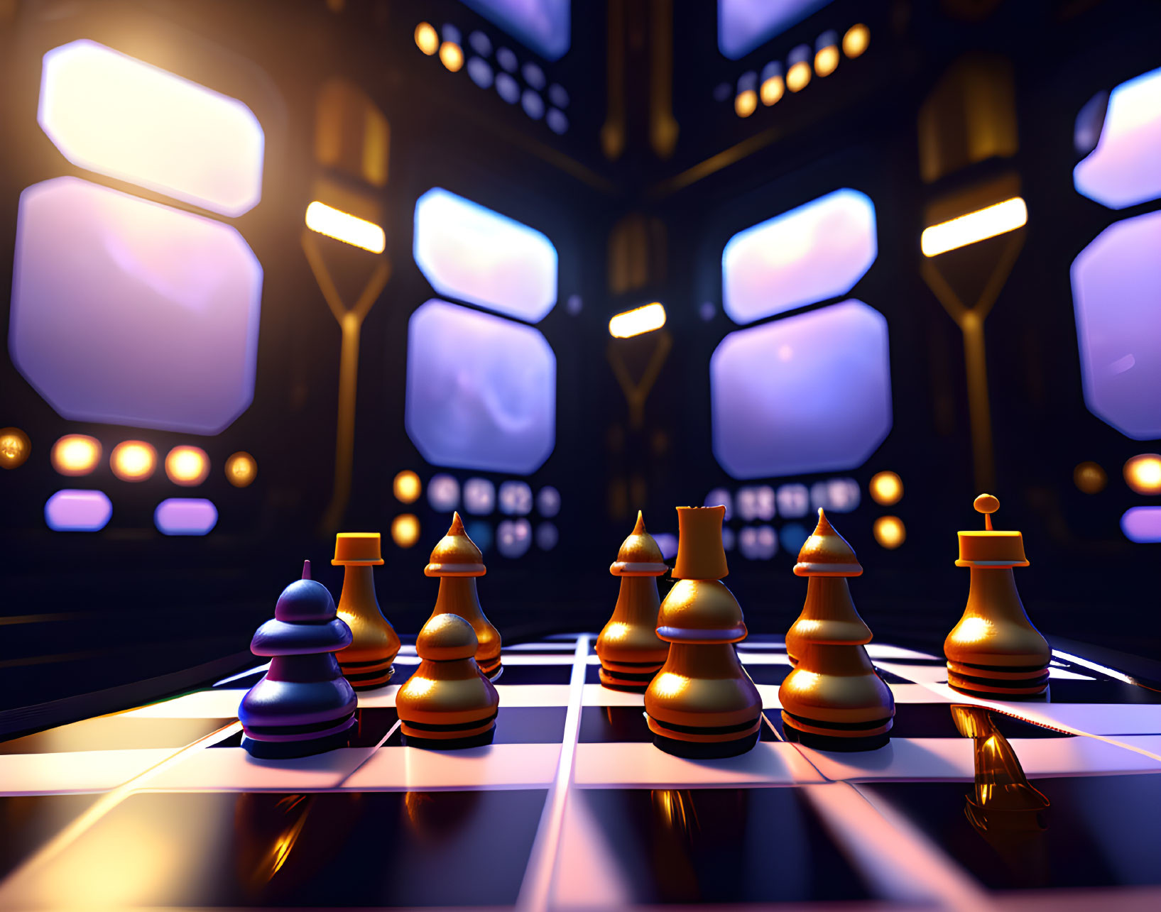 Futuristic glowing chess pieces on dark high-tech board