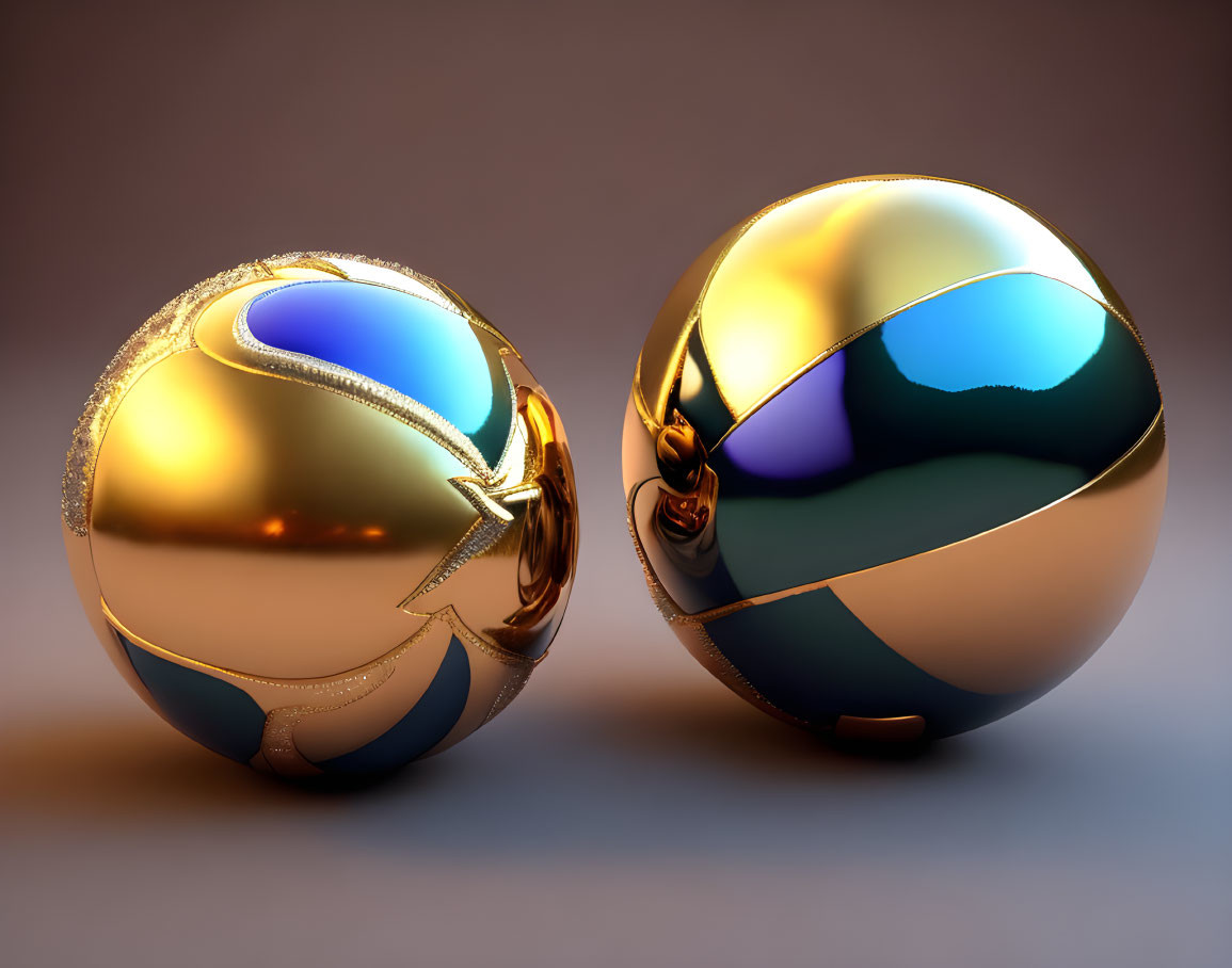 Shiny spheres with gold and colored segments on neutral background