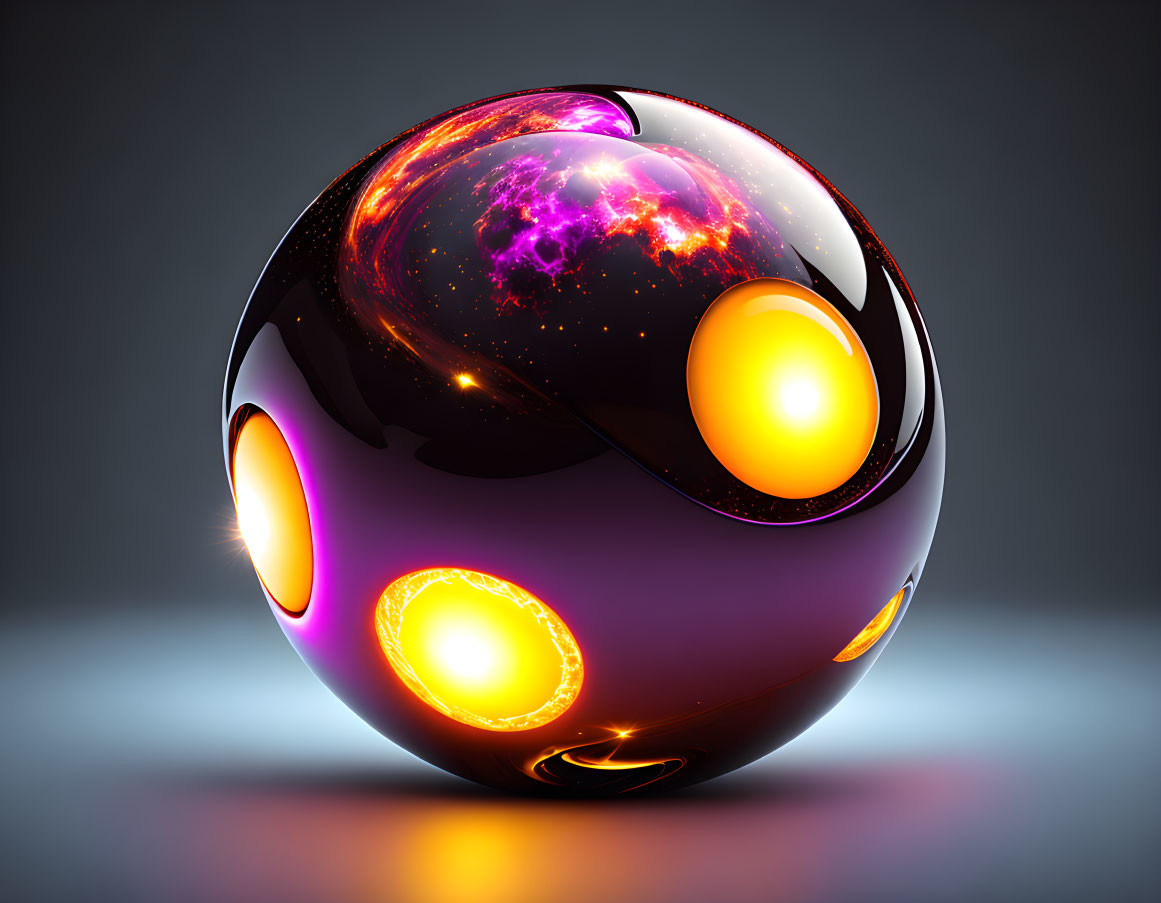 Glossy Black Sphere with Orange and Purple Apertures on Gray Background