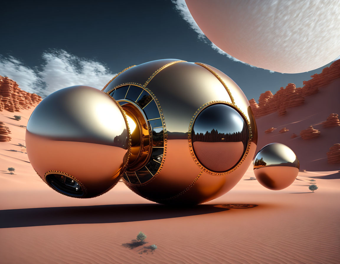 Shiny metallic spheres on desert landscape under moon and pink sky