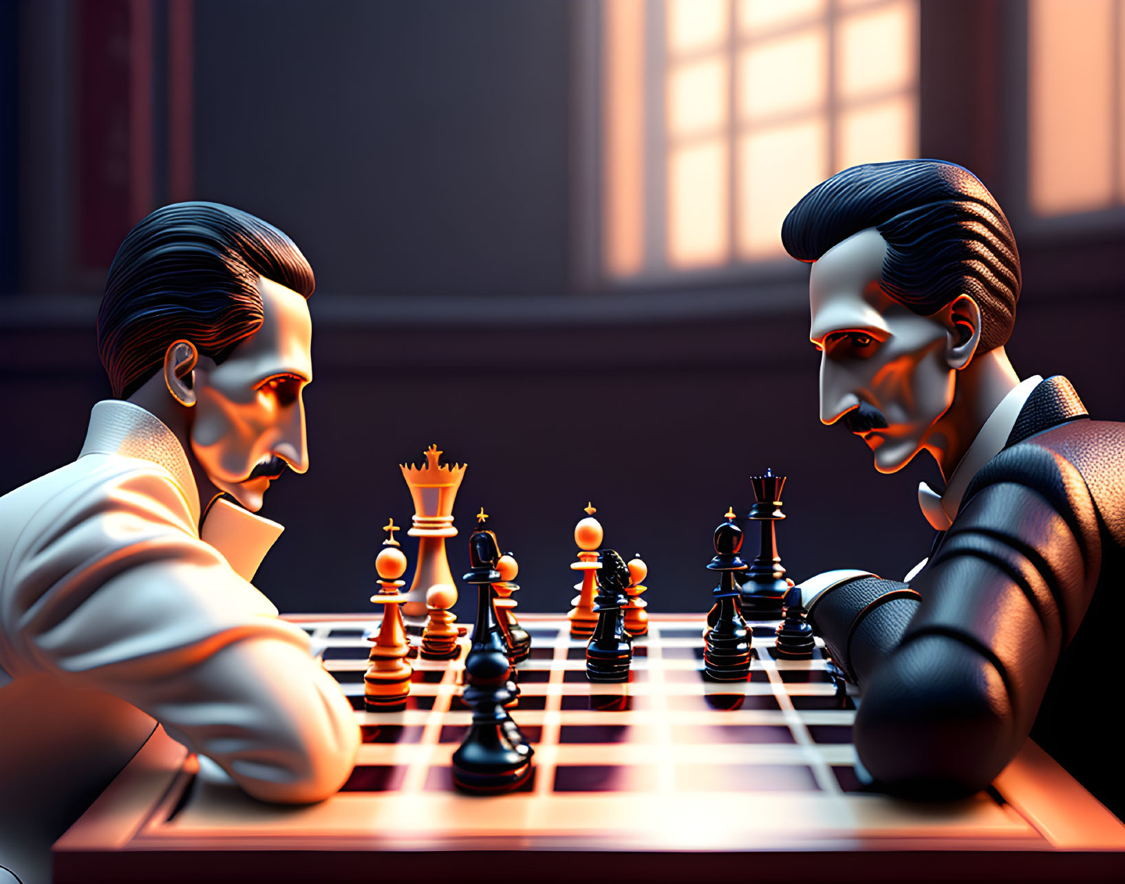 Stylized figures playing chess in dramatic lighting