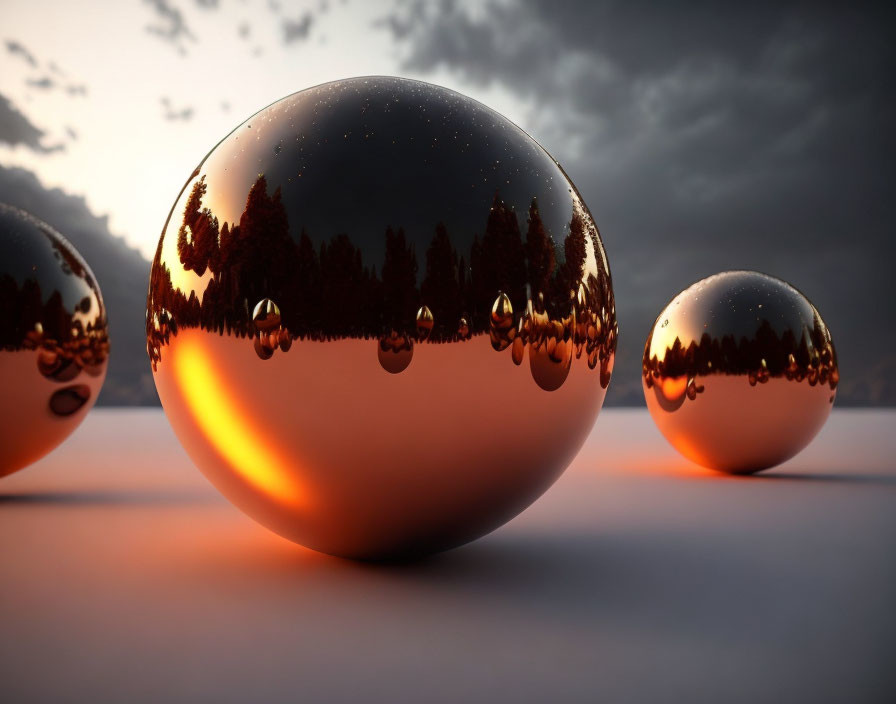 Reflective spheres with forest silhouette and sunset glow on smooth surface.