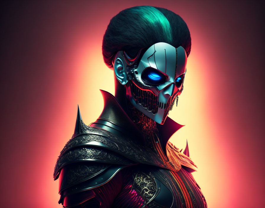 Female cyborg with skull face, blue hair, black armor on red background