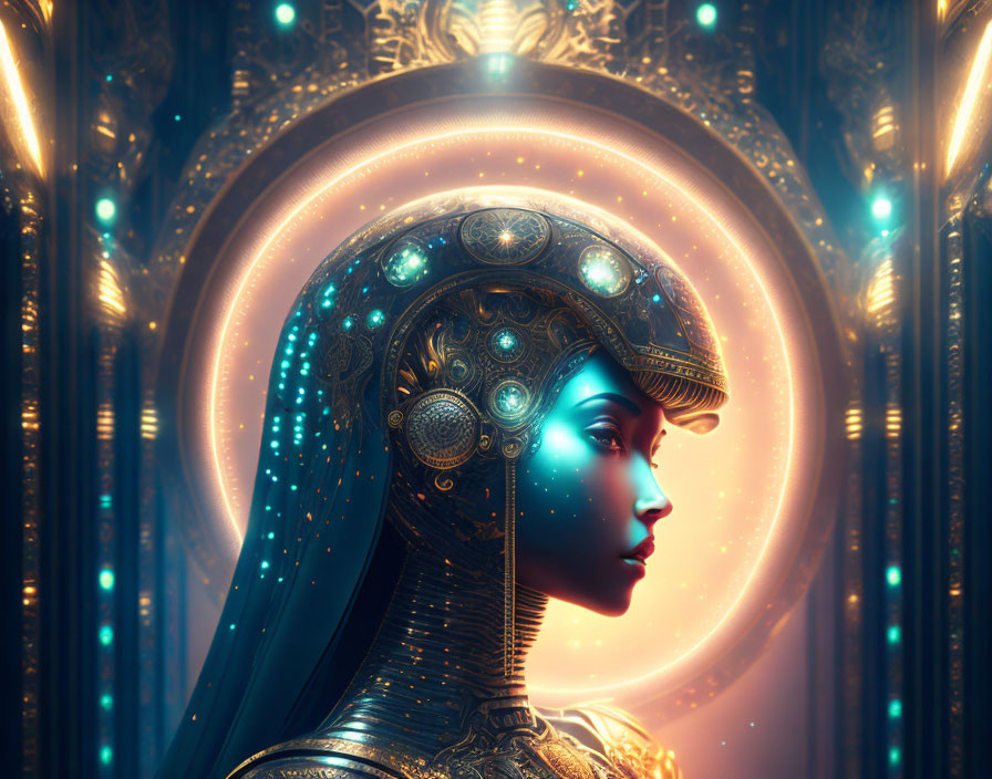 Futuristic woman with glowing headgear on golden backdrop