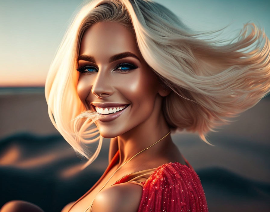 Blonde woman with blue eyes in red top at sunset beach