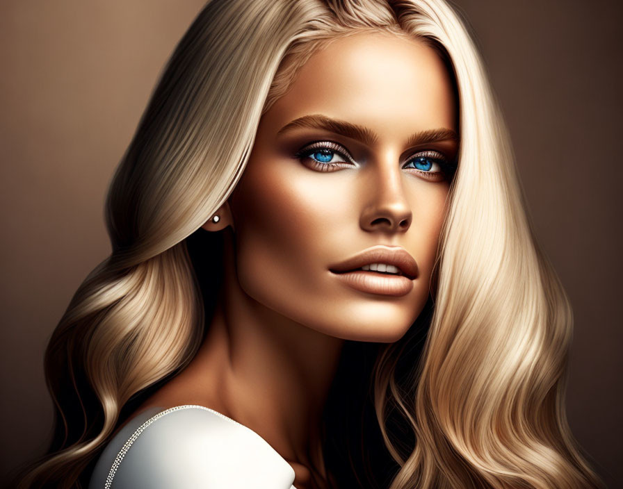 Blonde Woman with Blue Eyes on Brown Background