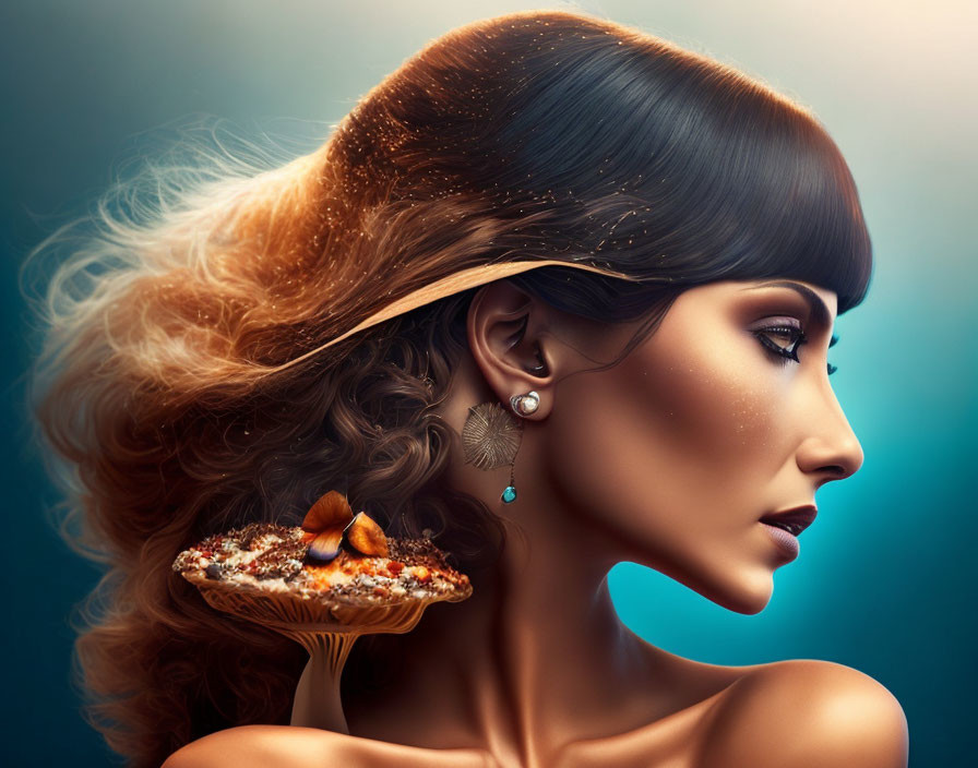 Portrait of woman with brown to blonde gradient hair, butterfly on mushroom, teal background