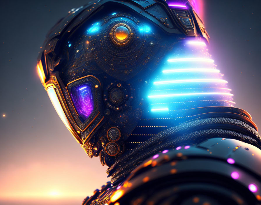 Detailed futuristic robotic head with glowing neon lights and circuit patterns on warm background